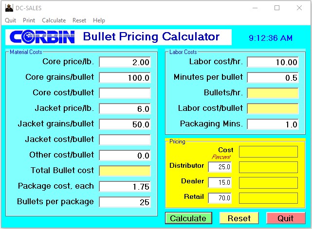 Corbin Bullet Makers' Pricing Calculator