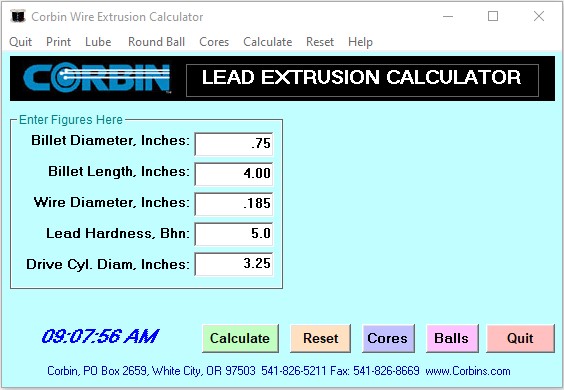 Corbin Lead Extrusion Calculator and Powder Metals